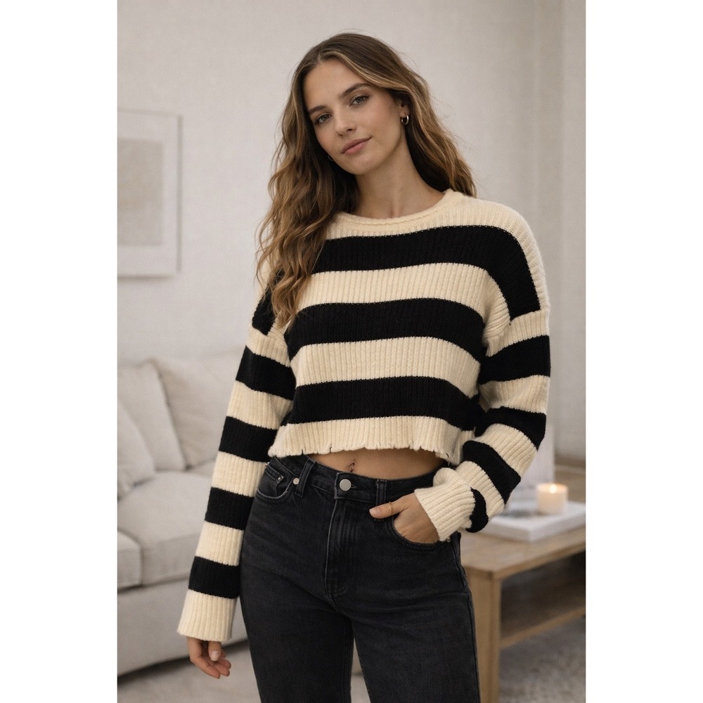 Papermoon Womens Cropped Striped Sweater Cream Black‎ Ribbed Knit NWT Size L